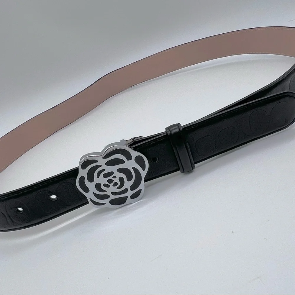 Coach Black & Blush Reversible Leather Belt with Floral Buckle- 40” - Picture 9 of 16